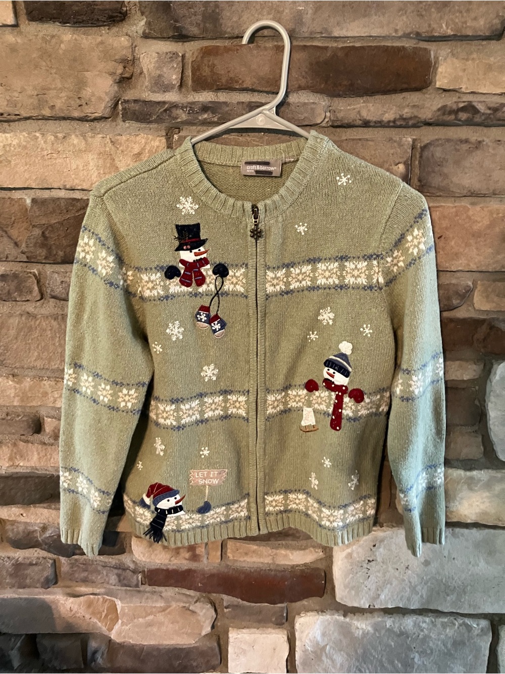 Vintage croft & barrow sage green snowman zip-front sweater